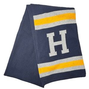 Tommy Hilfiger Varsity H Knit Scarf Navy‎ Yellow Gray Cotton Winter Scarf 72"
